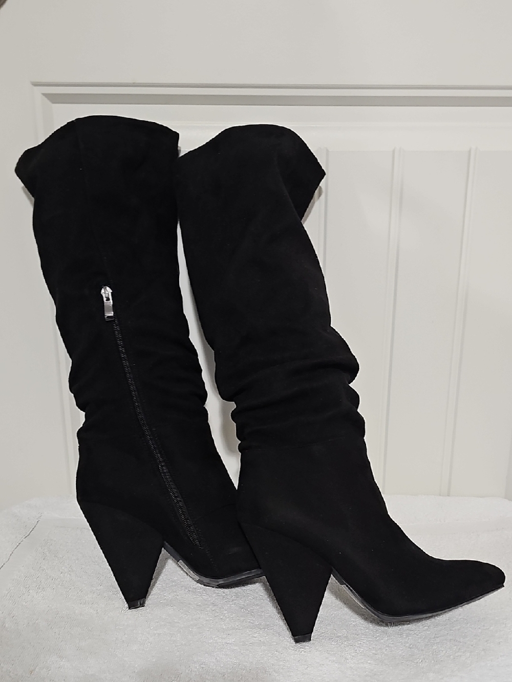 Black Suede Slouch Knee-High Boots - Women's Fashion Heels
